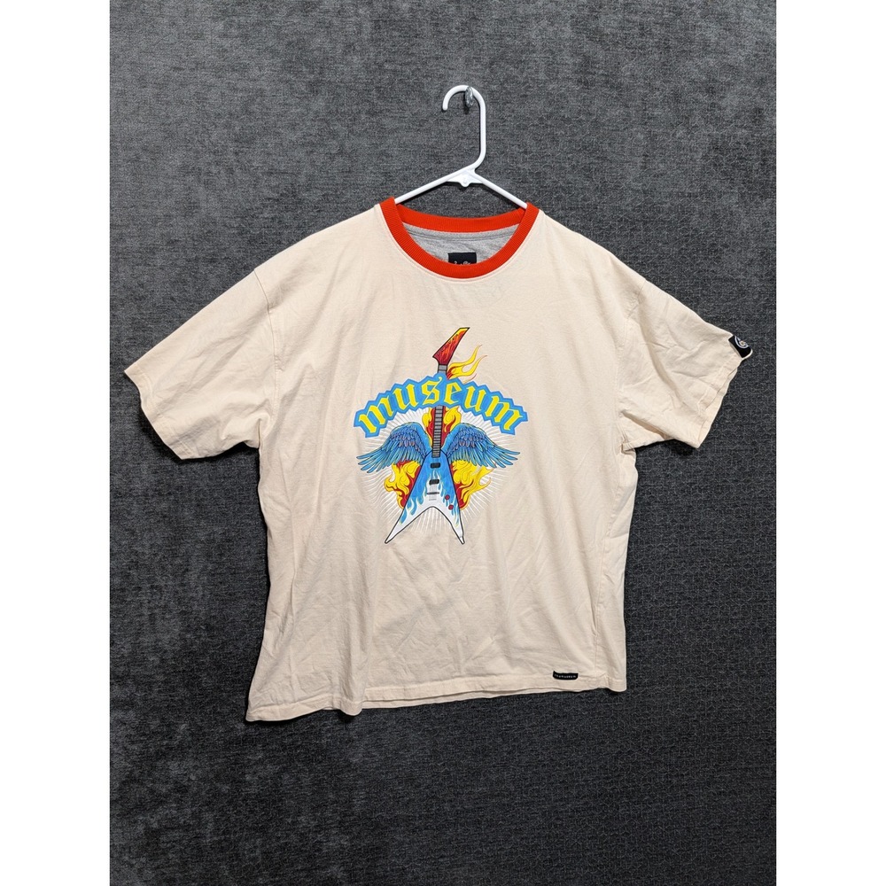 The Museum Mens XL Cream Graphic T-Shirt Orange Ringer Neck Winged Guitar Logo
